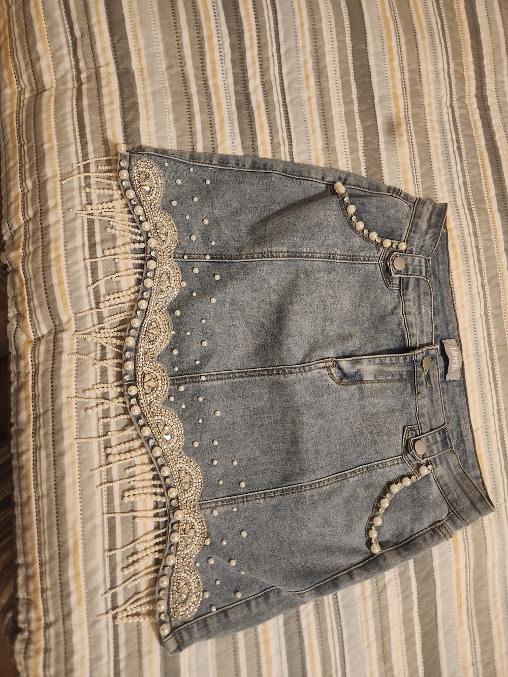 Beaded Fringe Light Blue Denim Mini Skirt